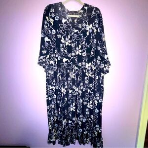 Ellos Midi Dress 2X Navy Boho Floral Short Sleeve Ruffle Rayon